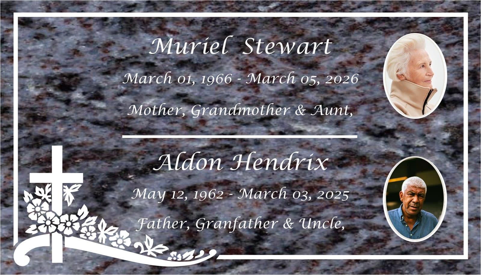 Bahama Blue companion marker proof for two names with two porcelain photos and a cross with flowers