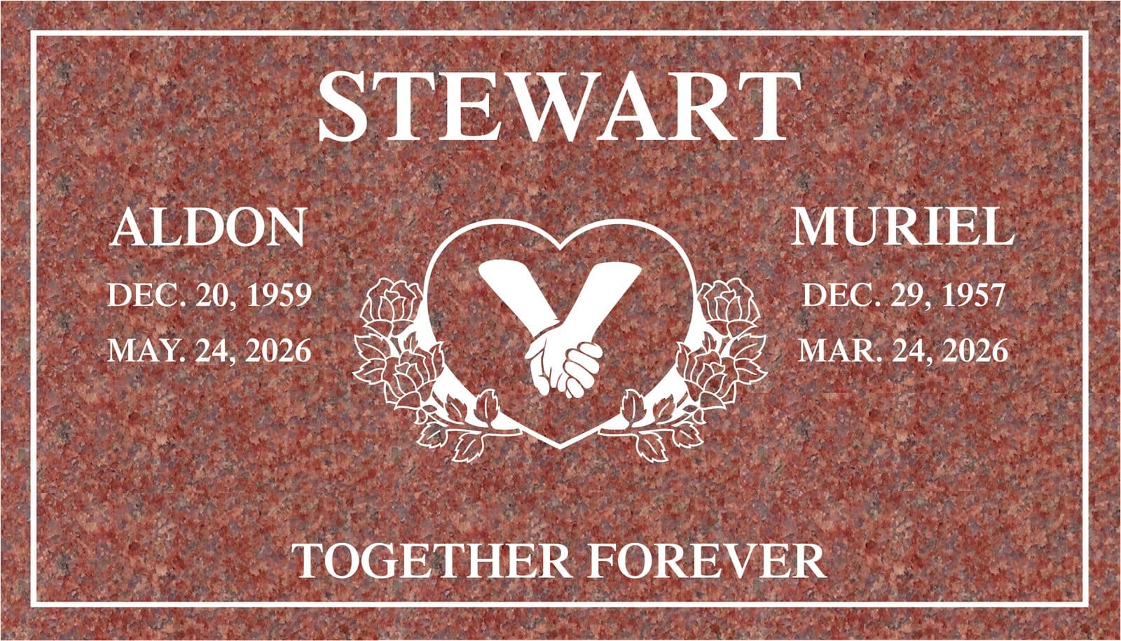 Red granite companion marker proof with clasped hands inside a heart and the words Together Forever