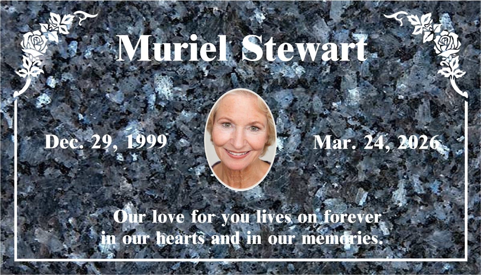Blue Pearl granite marker proof with corner roses and an oval porcelain photo at center