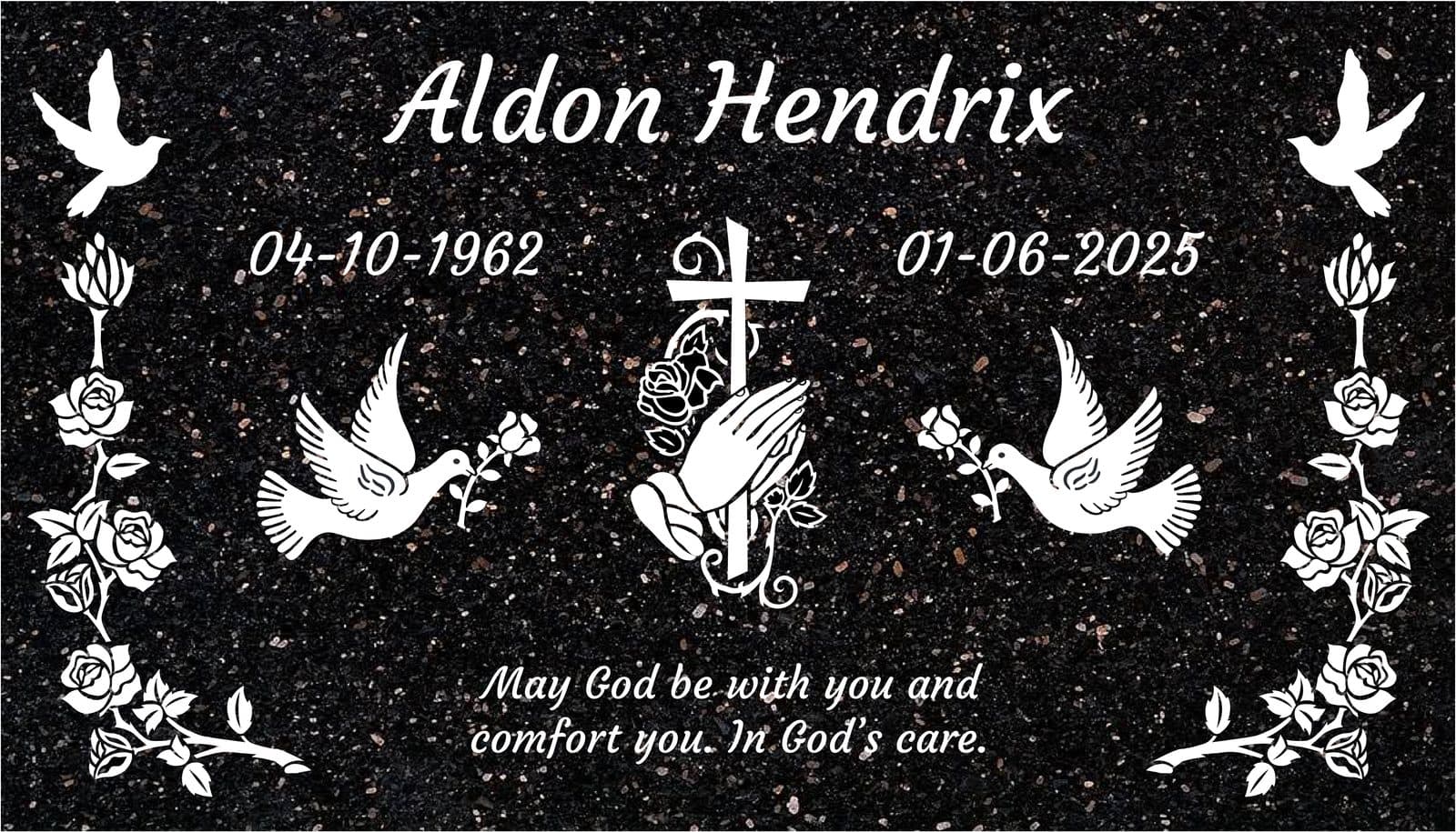Black granite marker proof with doves carrying roses, praying hands with a cross, and rose borders