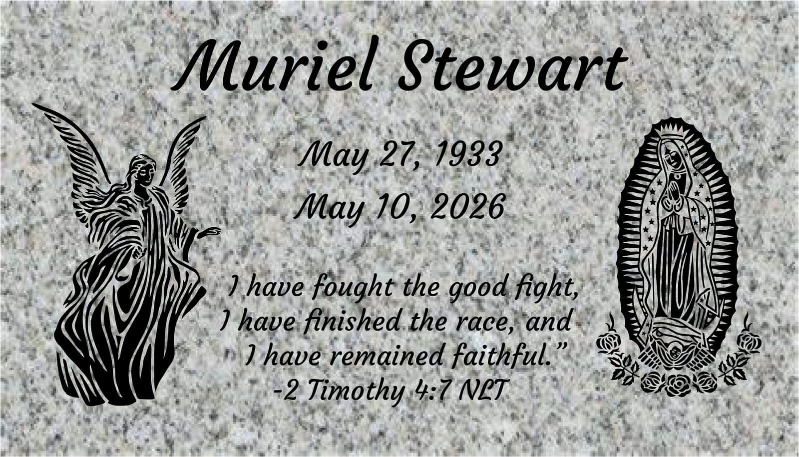 Sierra White granite marker proof with an angel, Our Lady of Guadalupe, and a scripture verse