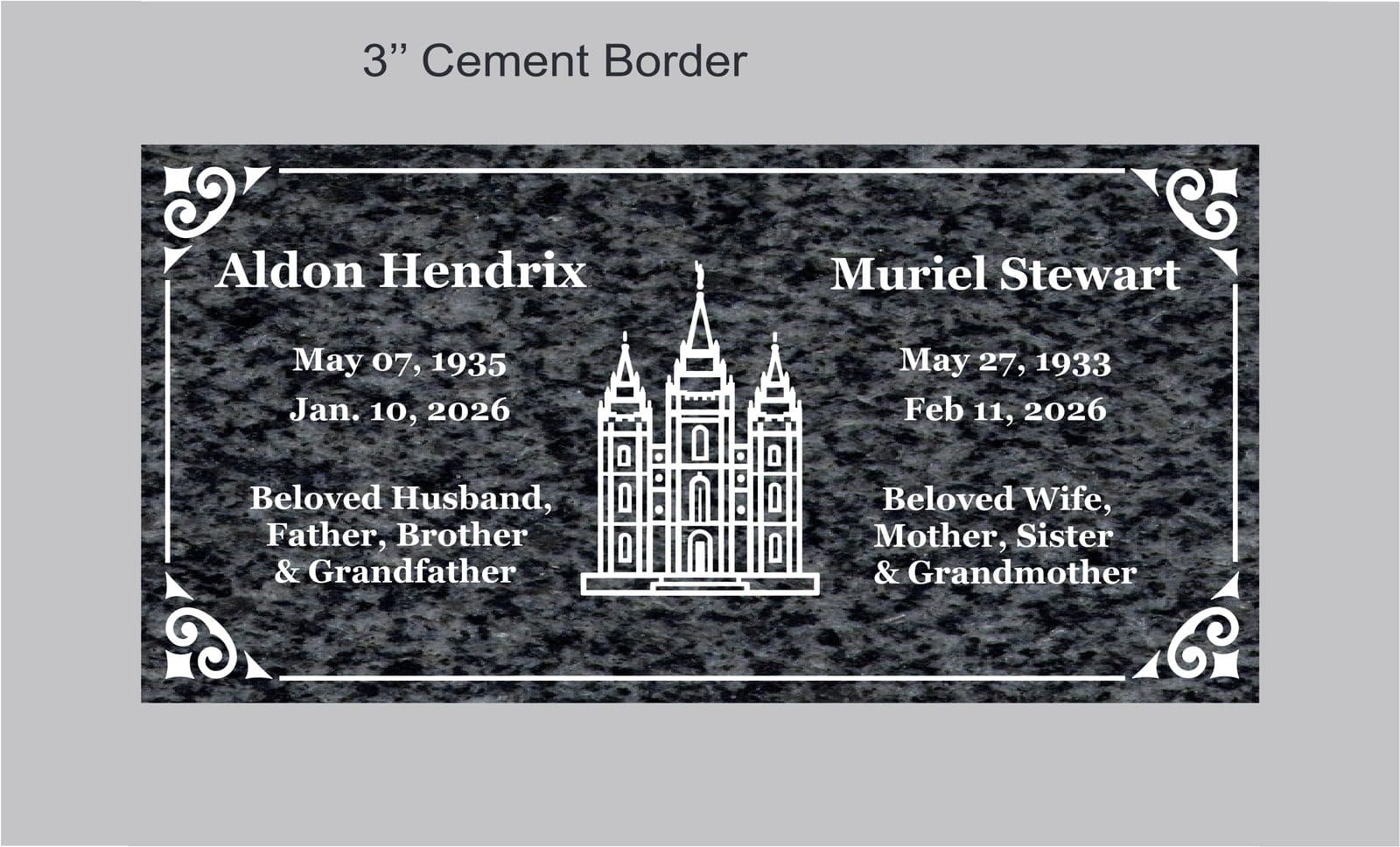Companion marker proof in the San Jacinto district format: 24 by 12 inch granite with the required 3 inch cement border