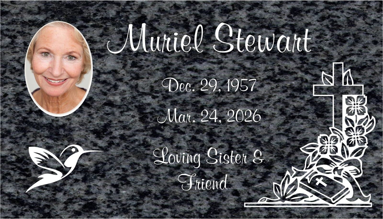 Regal granite marker proof with an oval porcelain photo, hummingbird, and cross with flowers