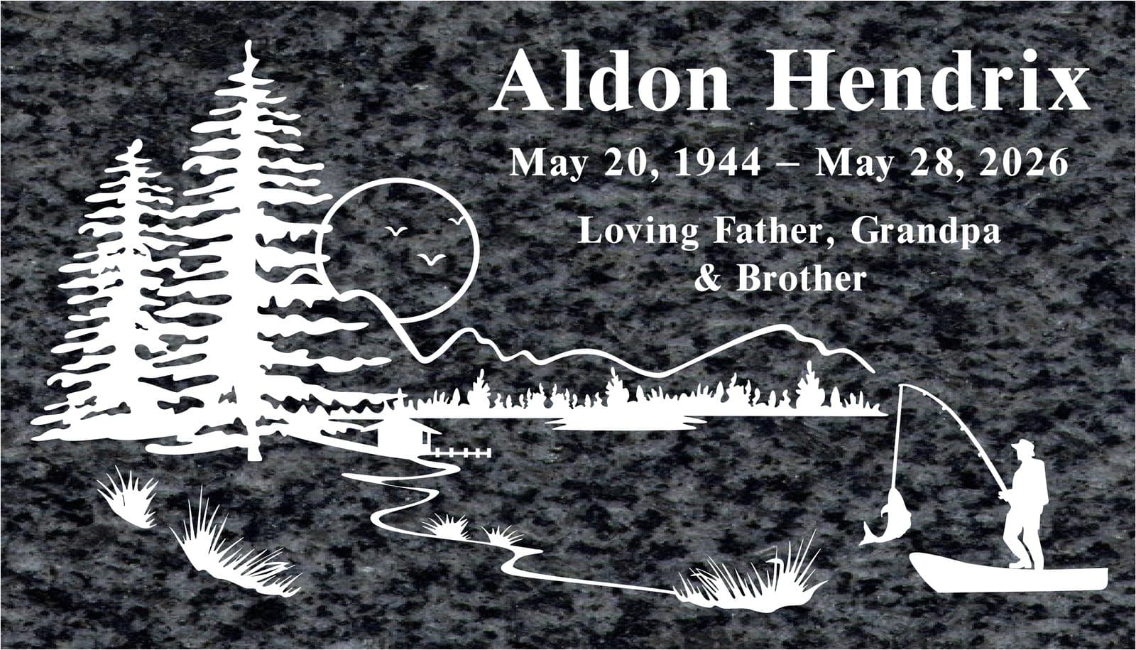 Regal granite marker proof with a full engraved lake scene: pines, a fisherman in his boat, and mountains